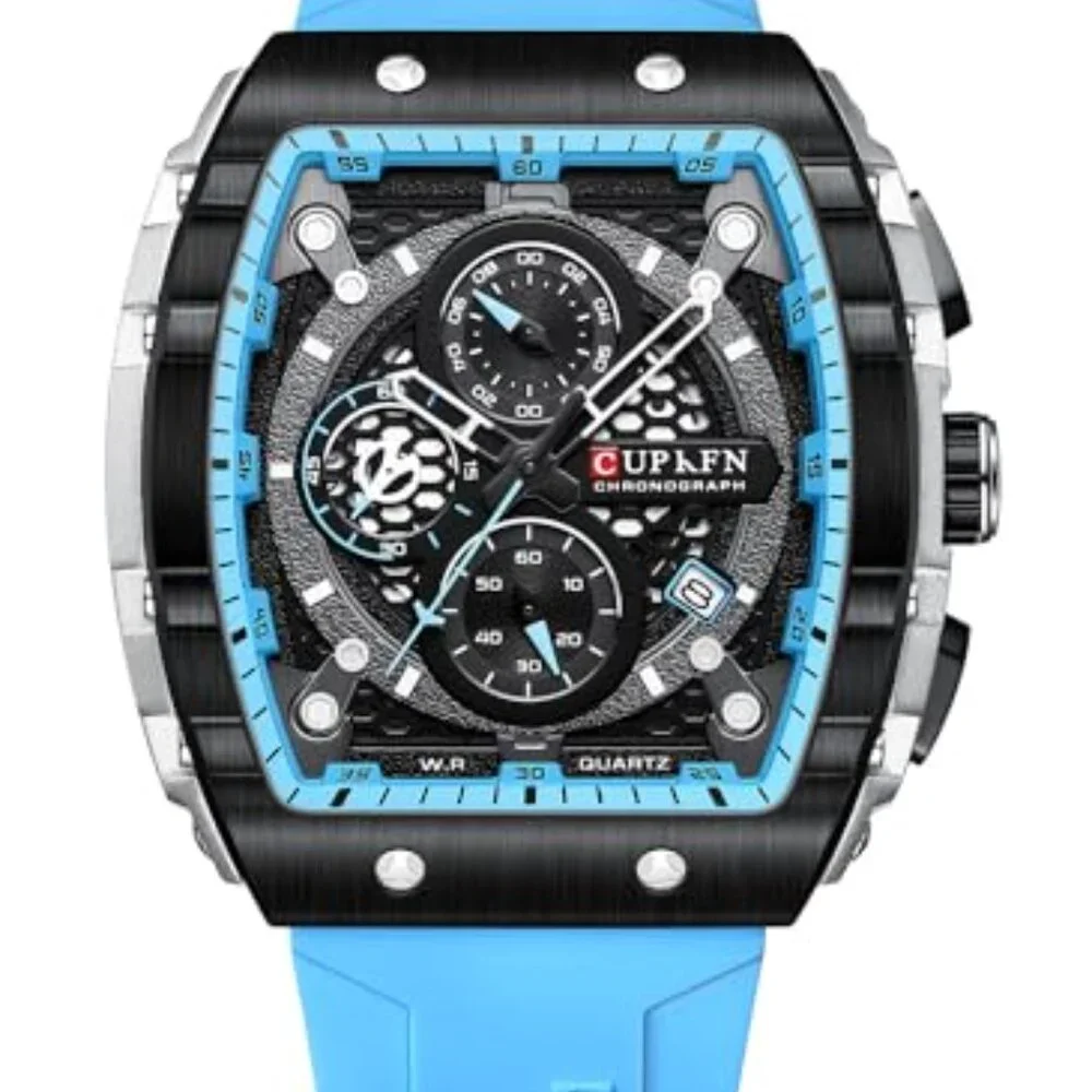 Men's Chronograph Watch with Rubber Strap, Date Window, Water Resistant
